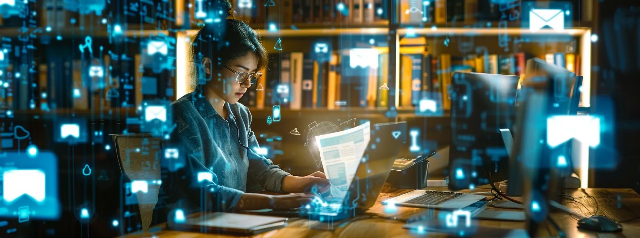 Woman sending a document using digital fax services.